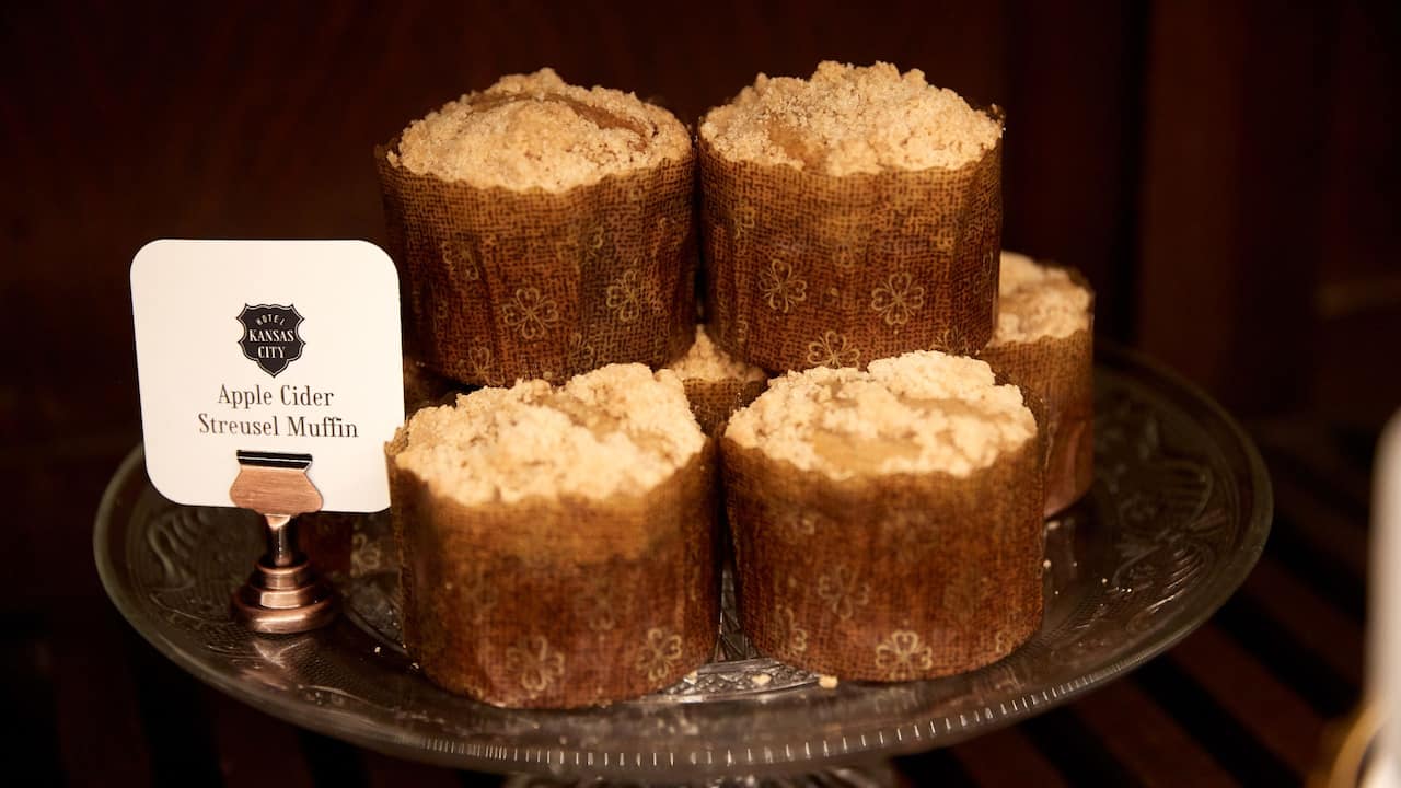 Apple cider streusel muffin on display at the Lobby Cafe