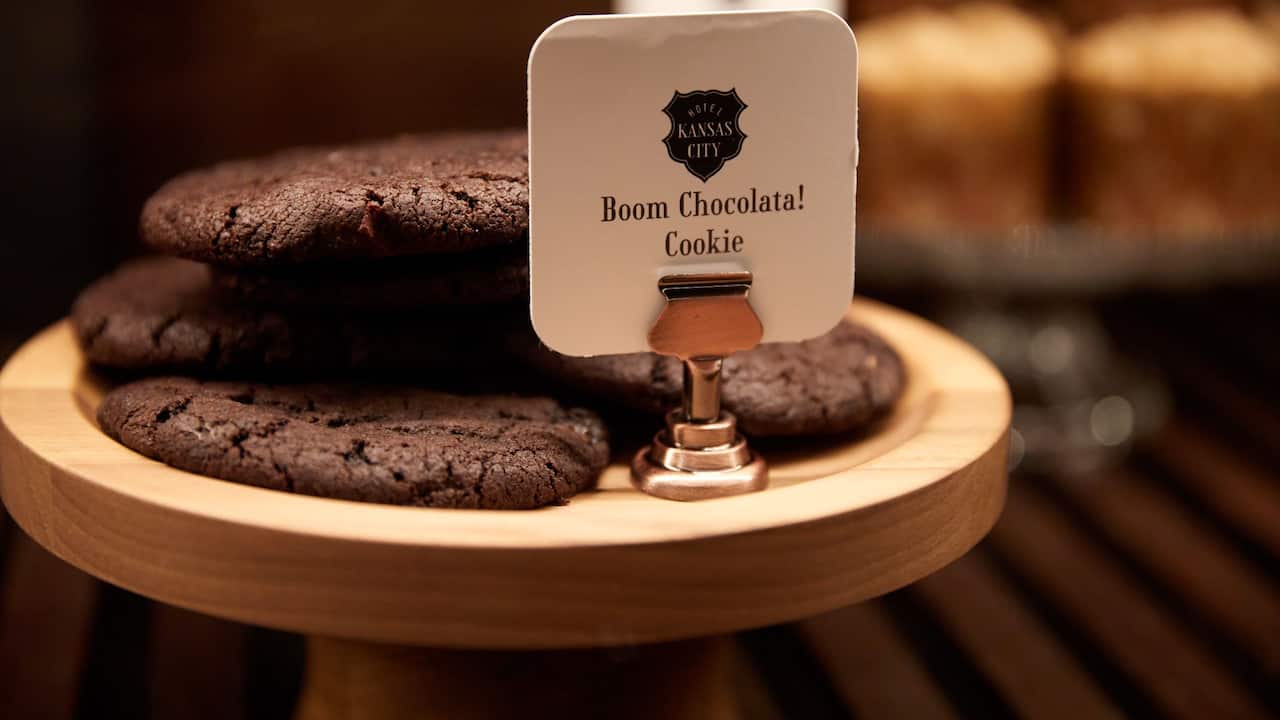 Boom chocolate cookies on display at the Lobby Cafe