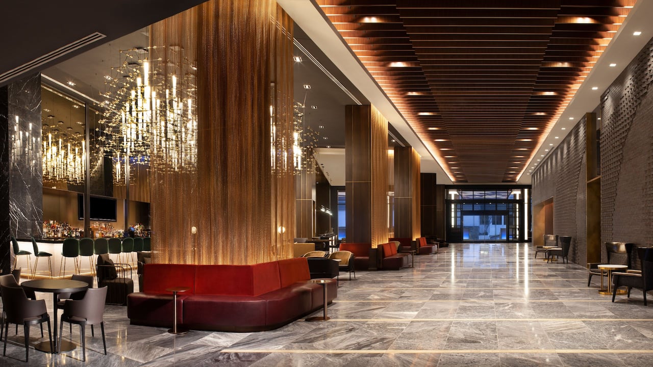 Hotel lobby with leather seating