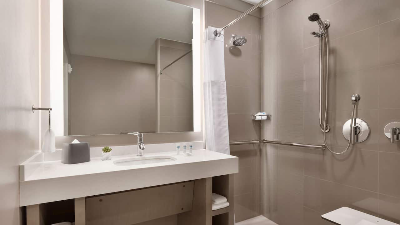 Accessible Den guest bathroom with roll-in shower