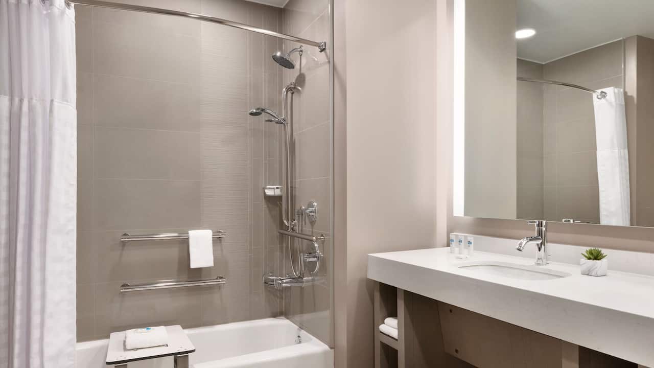 Accessible Den guest bathroom with tub grab bars