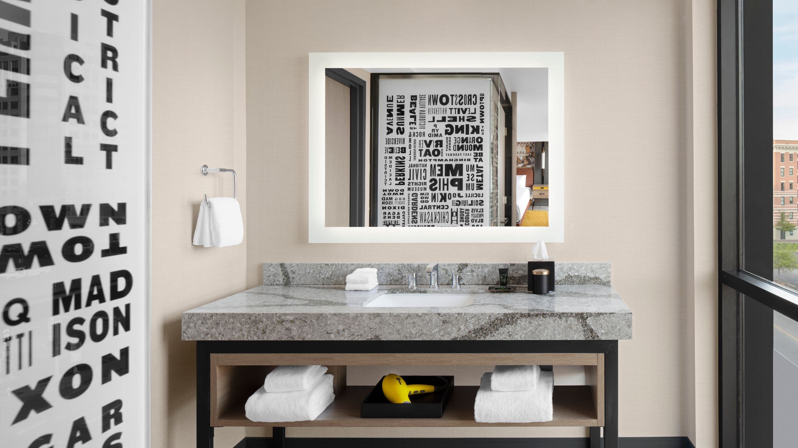 Beale Street Suite bathroom vanity with amenities