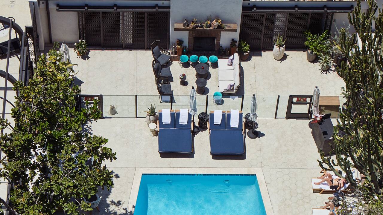 Aerial view of the pool and sunbeds