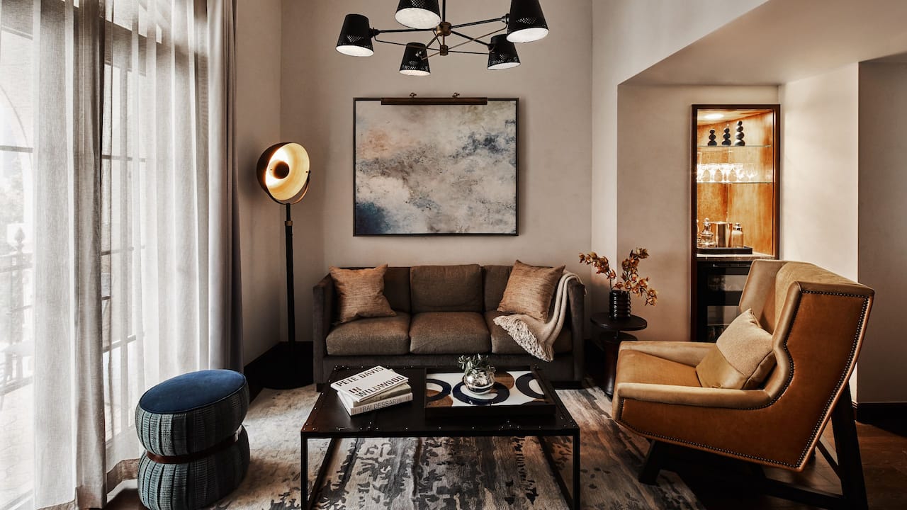 Figueroa Suite living room with floor-to-ceiling windows