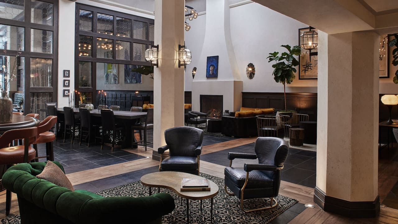 Lobby seating area with fireplace