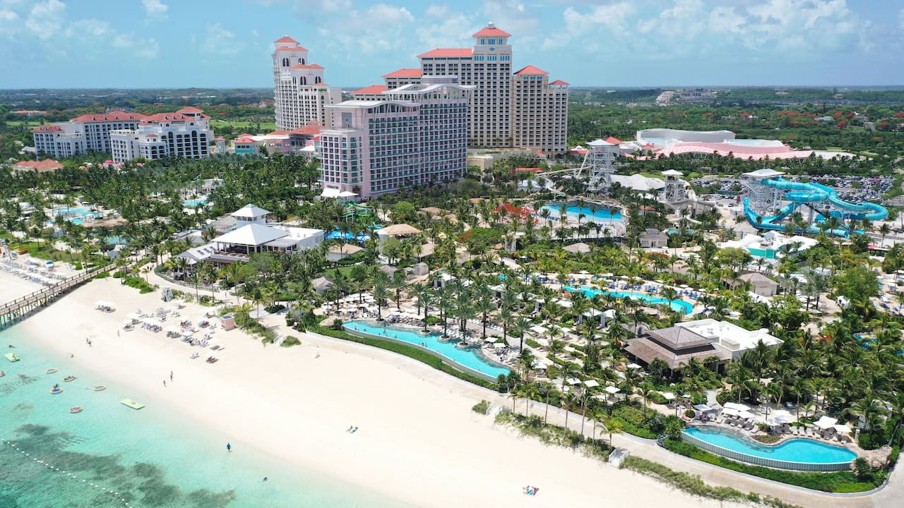 Full aerial view of the beachfront resort’s water park in Nassau Bahamas