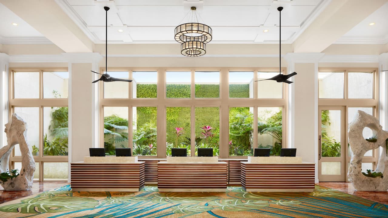 Lobby front desk with nature background view at the window