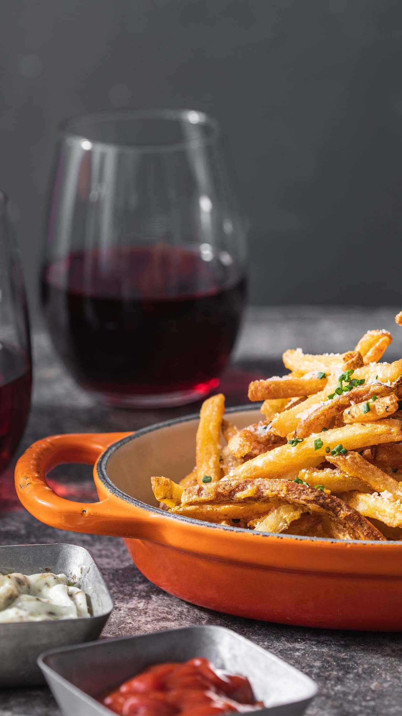Fries and Two Red Wine