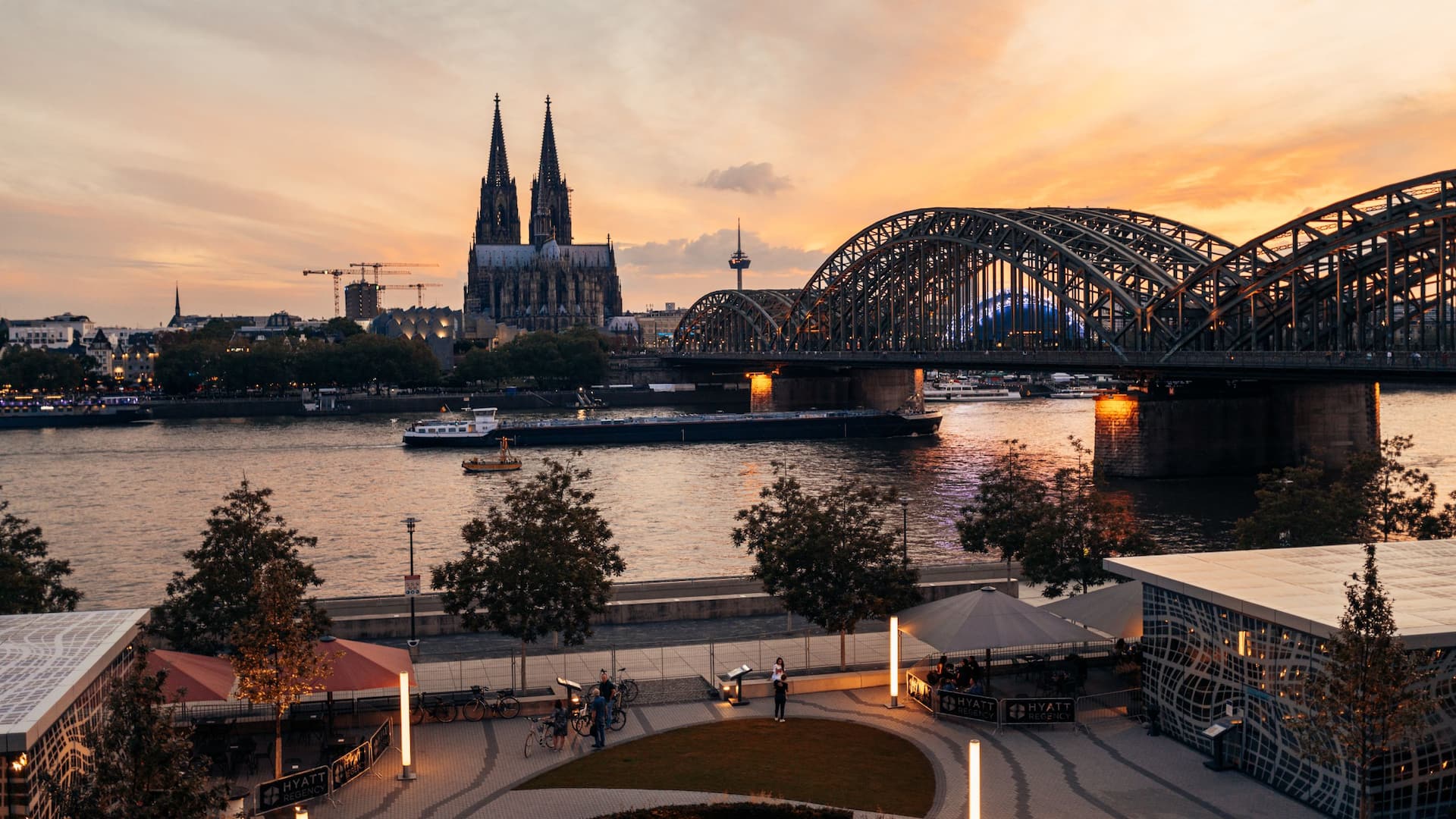 View from Hyatt Regency Cologne of the Rhine and Cologne Cathedral at dusk