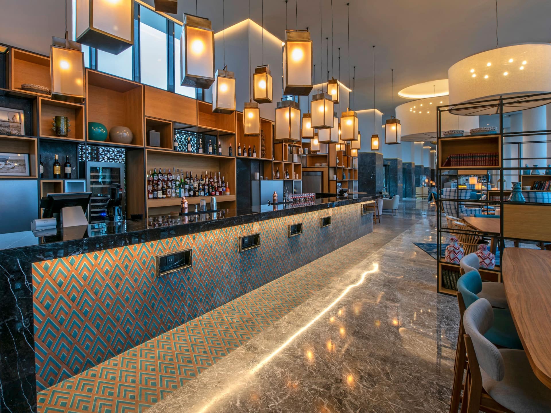 Bar setup in the lobby, elegantly decorated with a refined and welcoming  ambiance