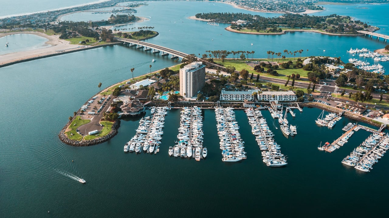 Aerial view of Mission Bay Marina in San Diego