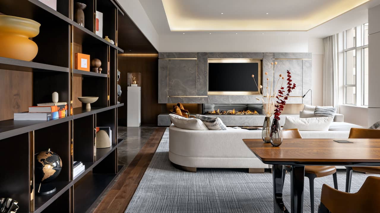 A spacious and elegantly furnished presidential luxury suite offered at Park Hyatt Toronto