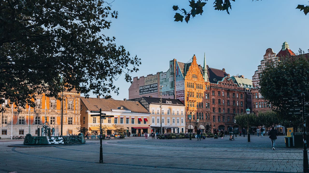 Beautiful old buildings in the Sunset at Stortorget in Malmö 
