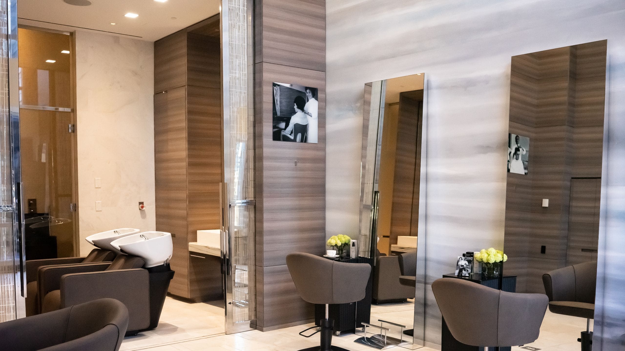 Hair salon interior with elegant furnishings and hair styling stations