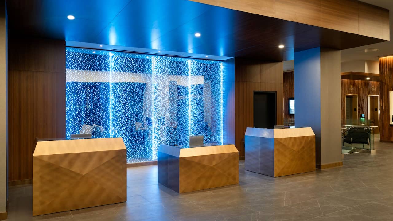 Front desk with modern wall feature