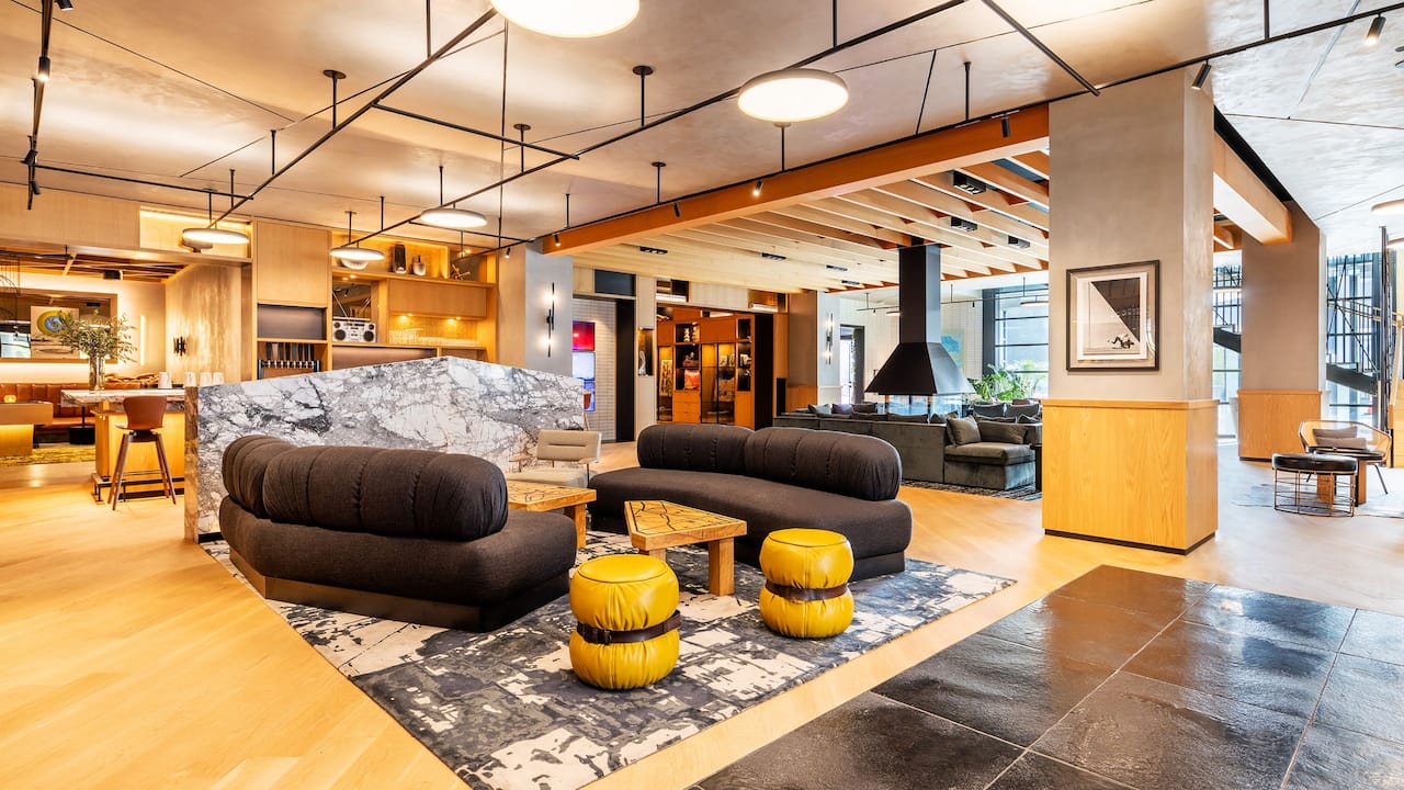 Lobby seating area with modern furniture and artwork
