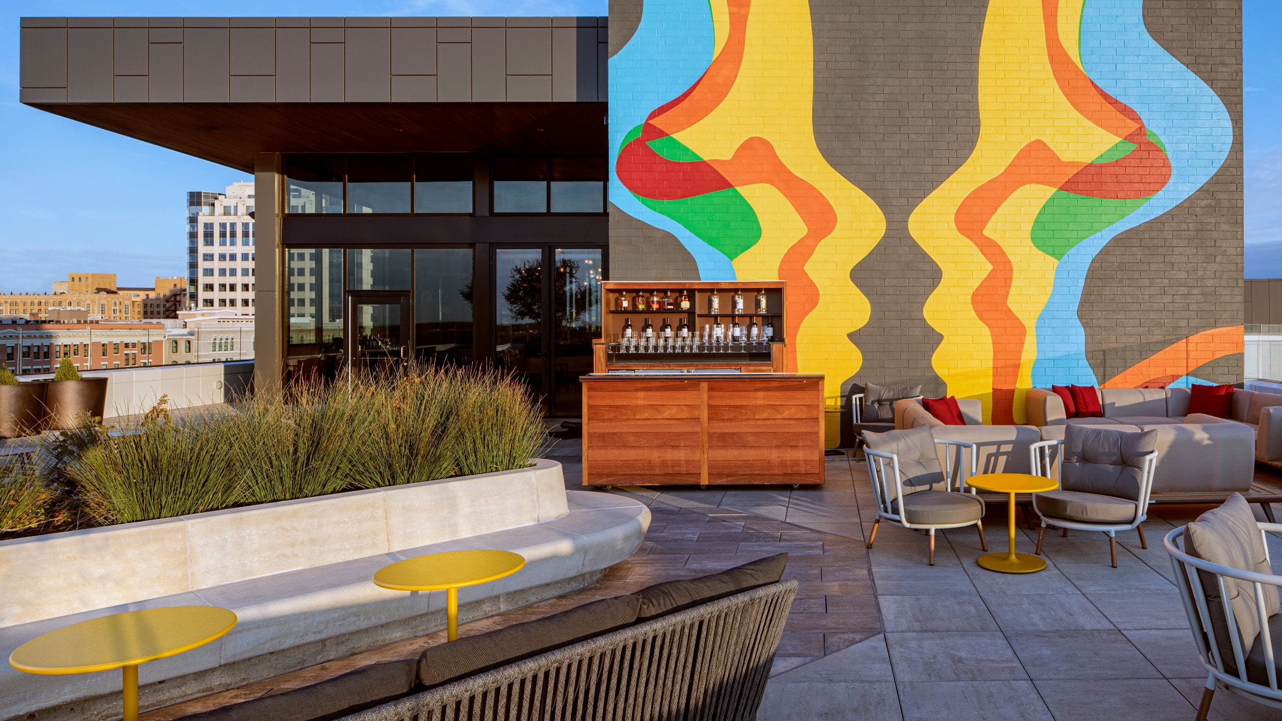Roof Deck seating area with views of the river