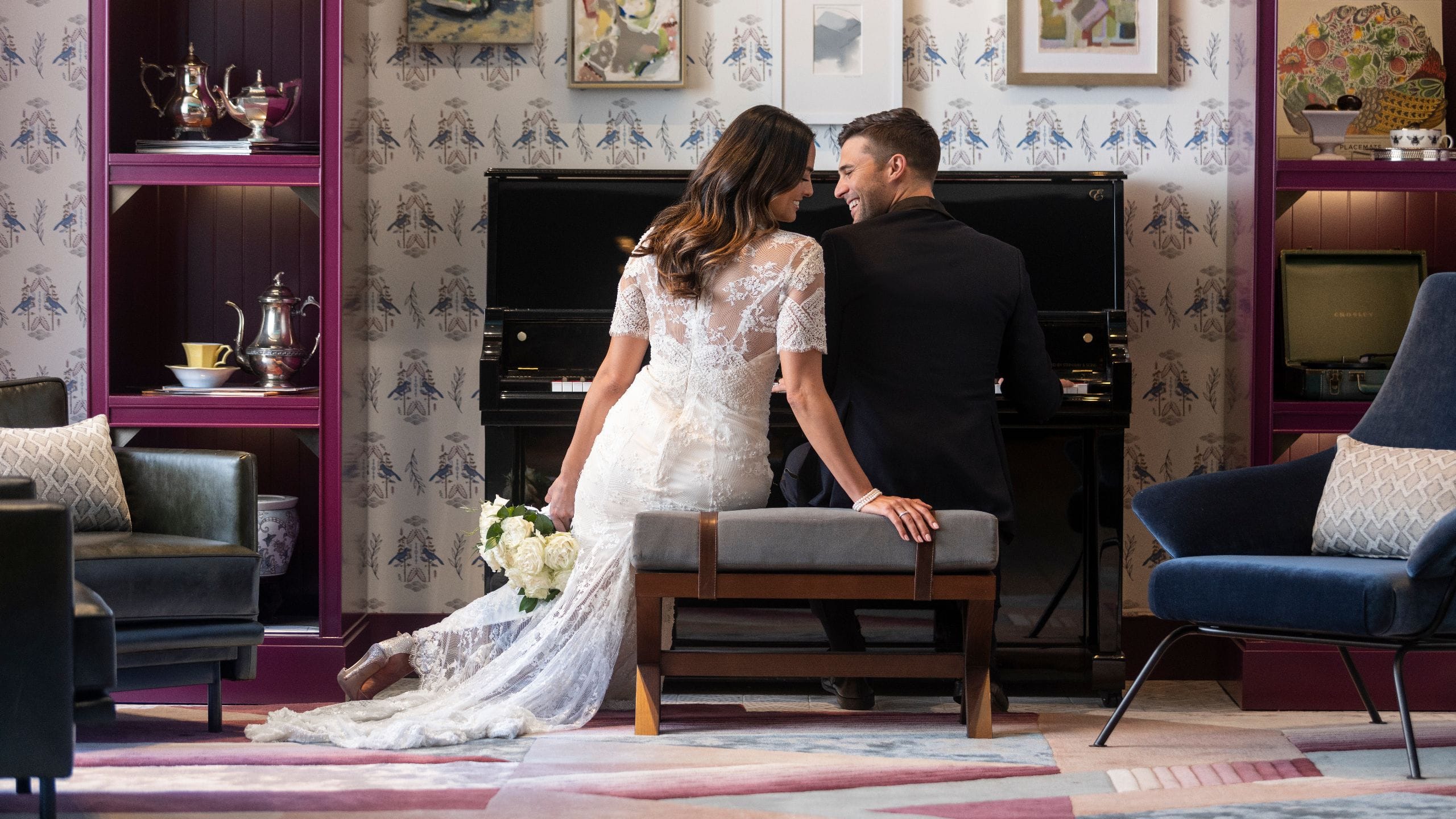 Hyatt Centric Downtown Nashville Wedding  Couple Lobby Piano