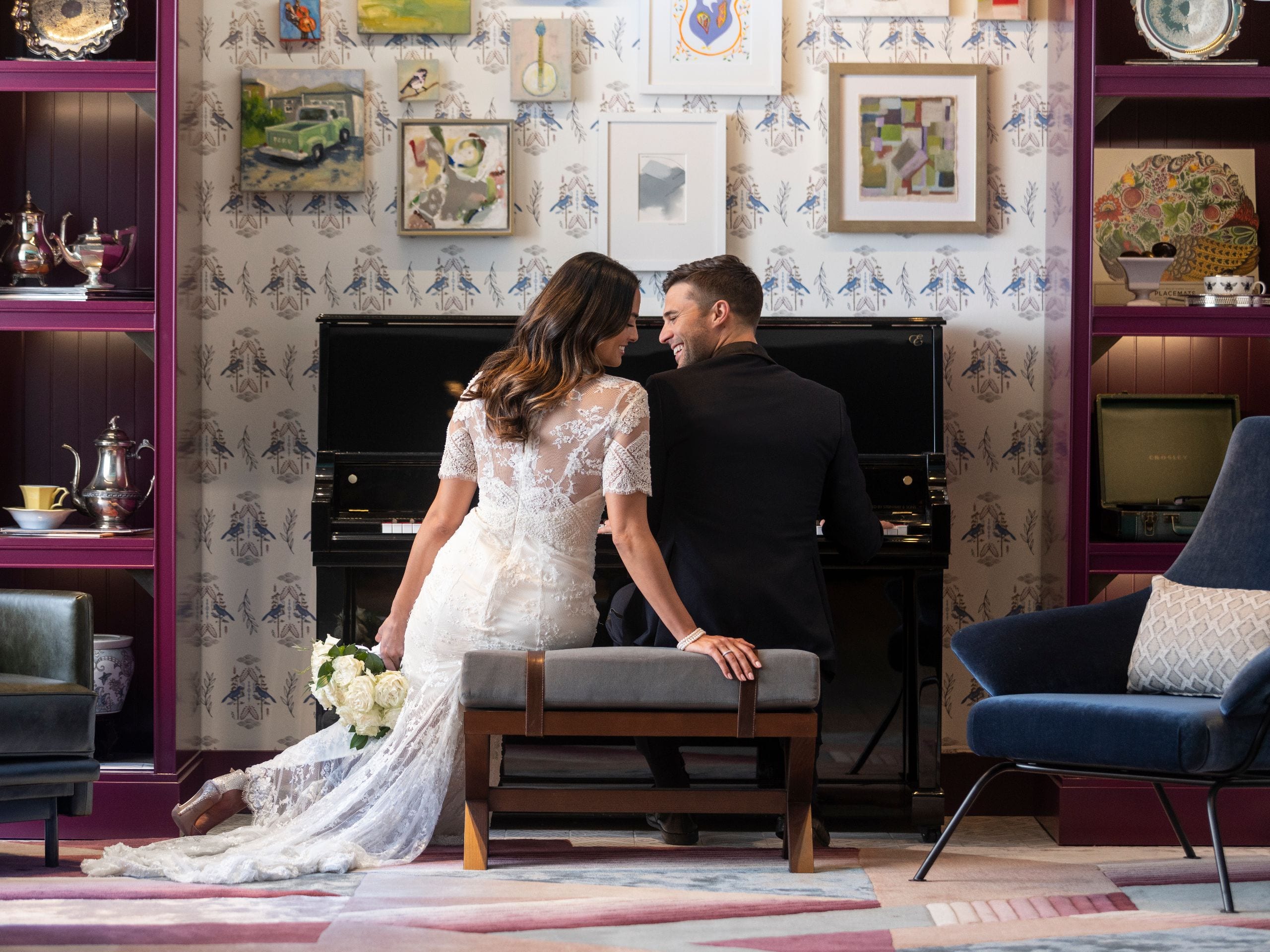 Hyatt Centric Downtown Nashville Wedding  Couple Lobby Piano