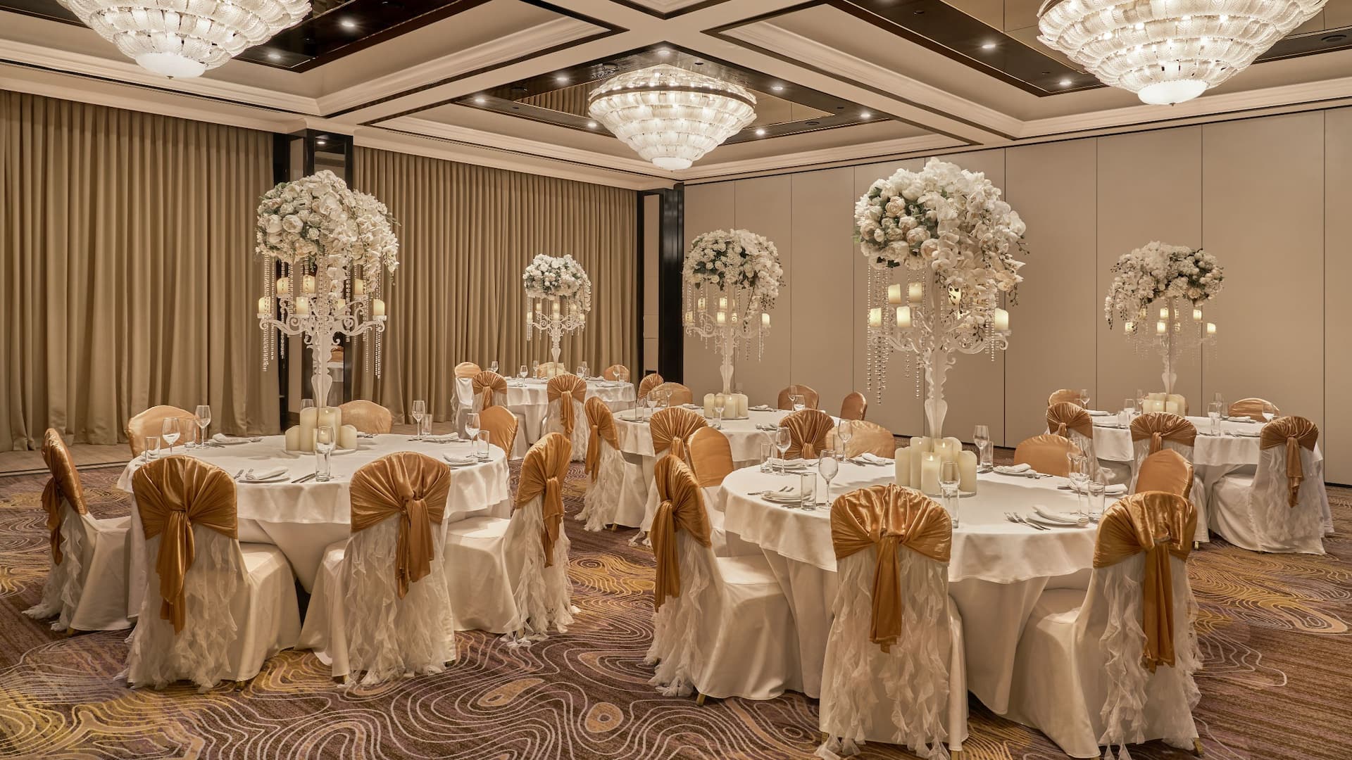 Wedding Decorations in the Hotel Ballroom, Set for a Celebration