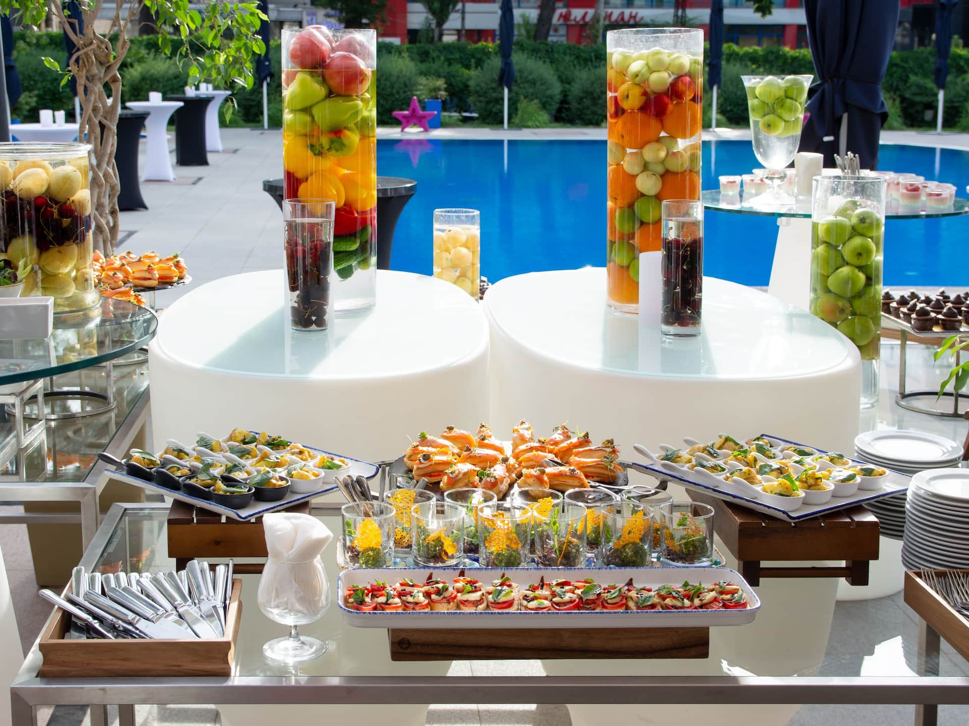 Colorful buffet with a variety of freshly prepared dishes outside at the Breeze Pool Bar and Restaurant