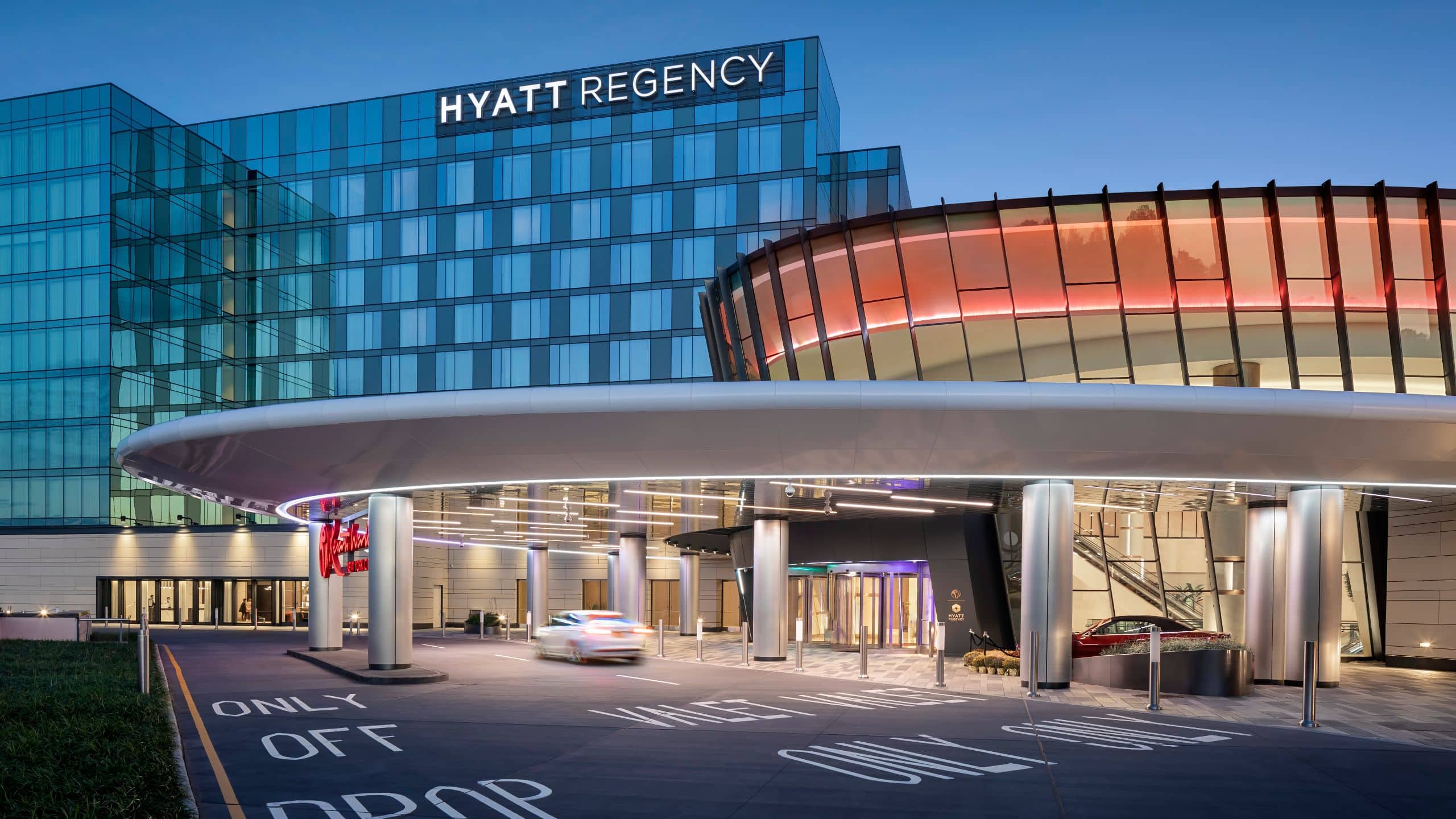 Hyatt Regency JFK Airport at Resorts World New York Exterior Entrance Dusk