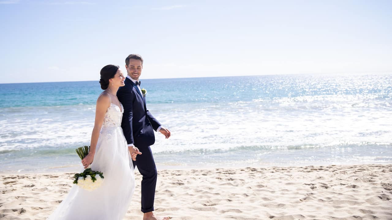 Beach Wedding Couple Walking