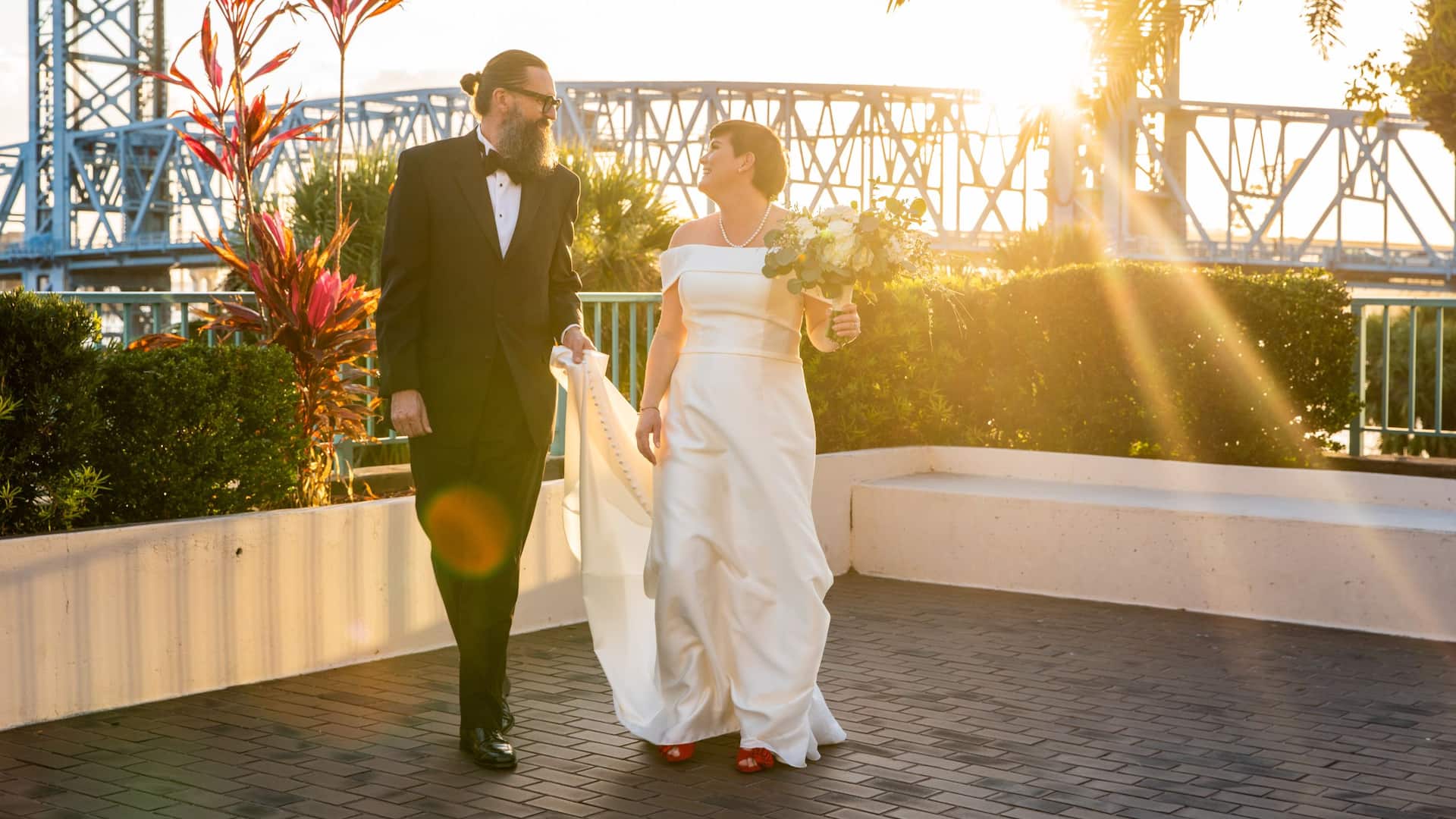Hyatt Regency Jacksonville Riverfront River Deck Bride Groom Walking