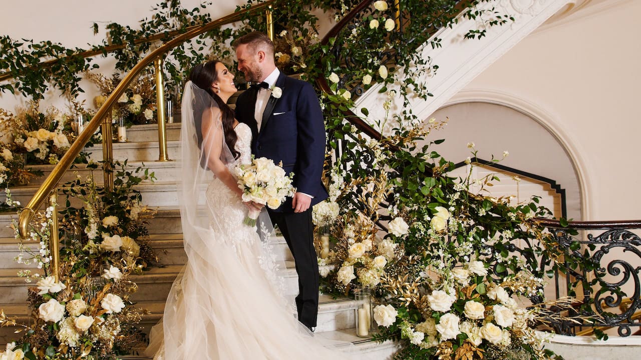 Grand Ballroom Staircase Bride Groom