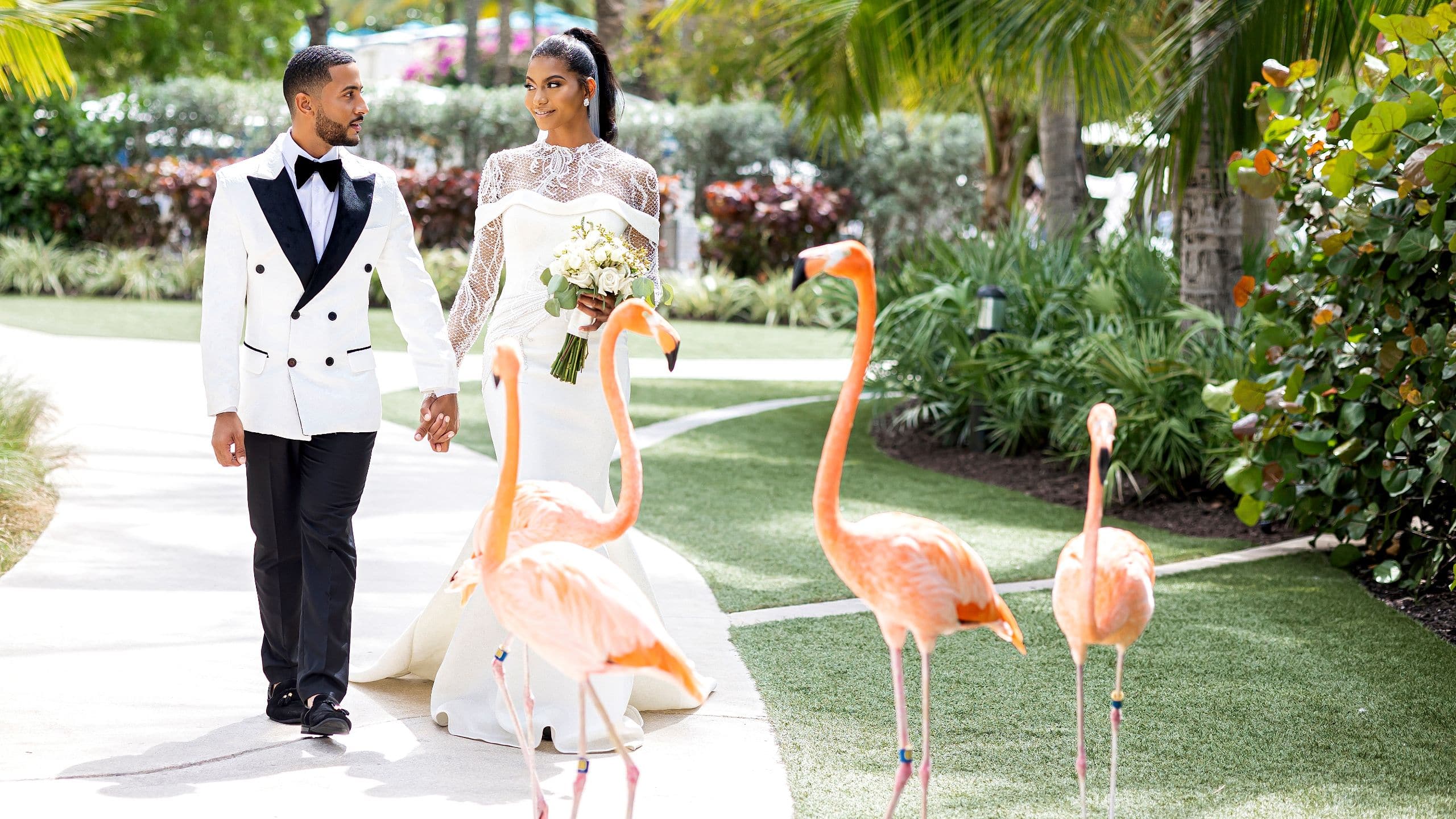 Grand Hyatt Baha Mar Wedding Bride Groom Flamingoes