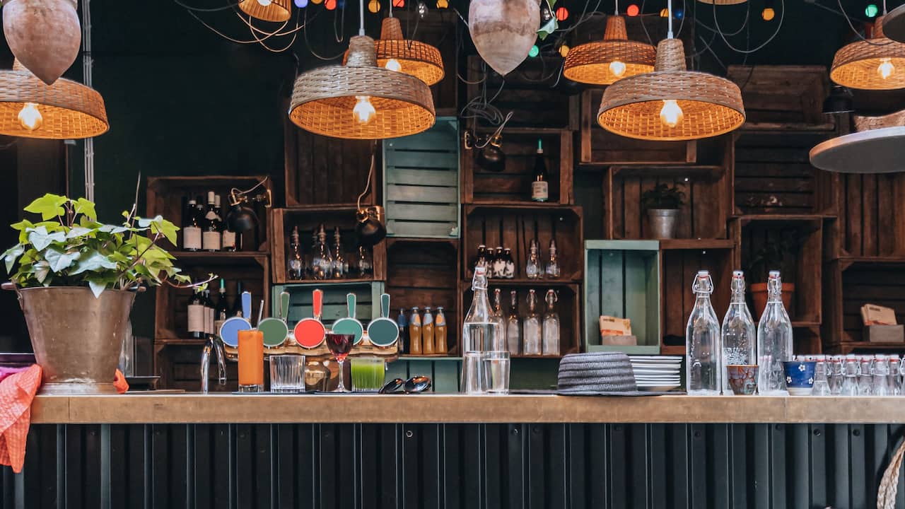 The Backyard Bar with colorful lights and flowers 