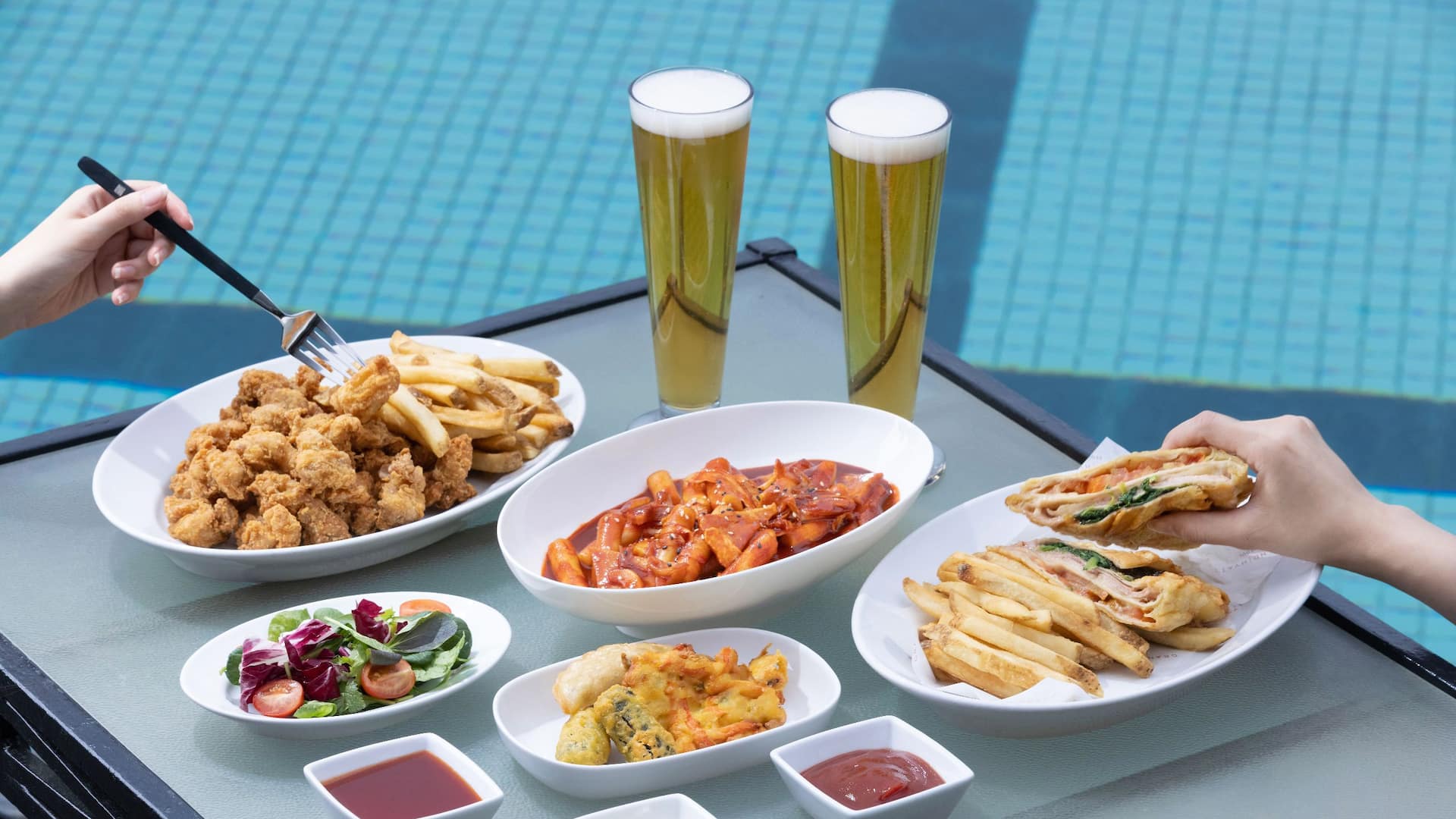 Grand Hyatt Seoul Poolside Snack With Beer Hands