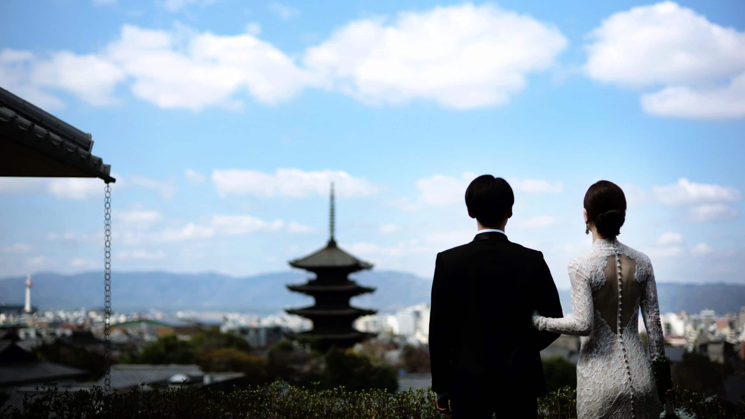 Park Hyatt Kyoto Wedding Couple Kyoto Pagoda View