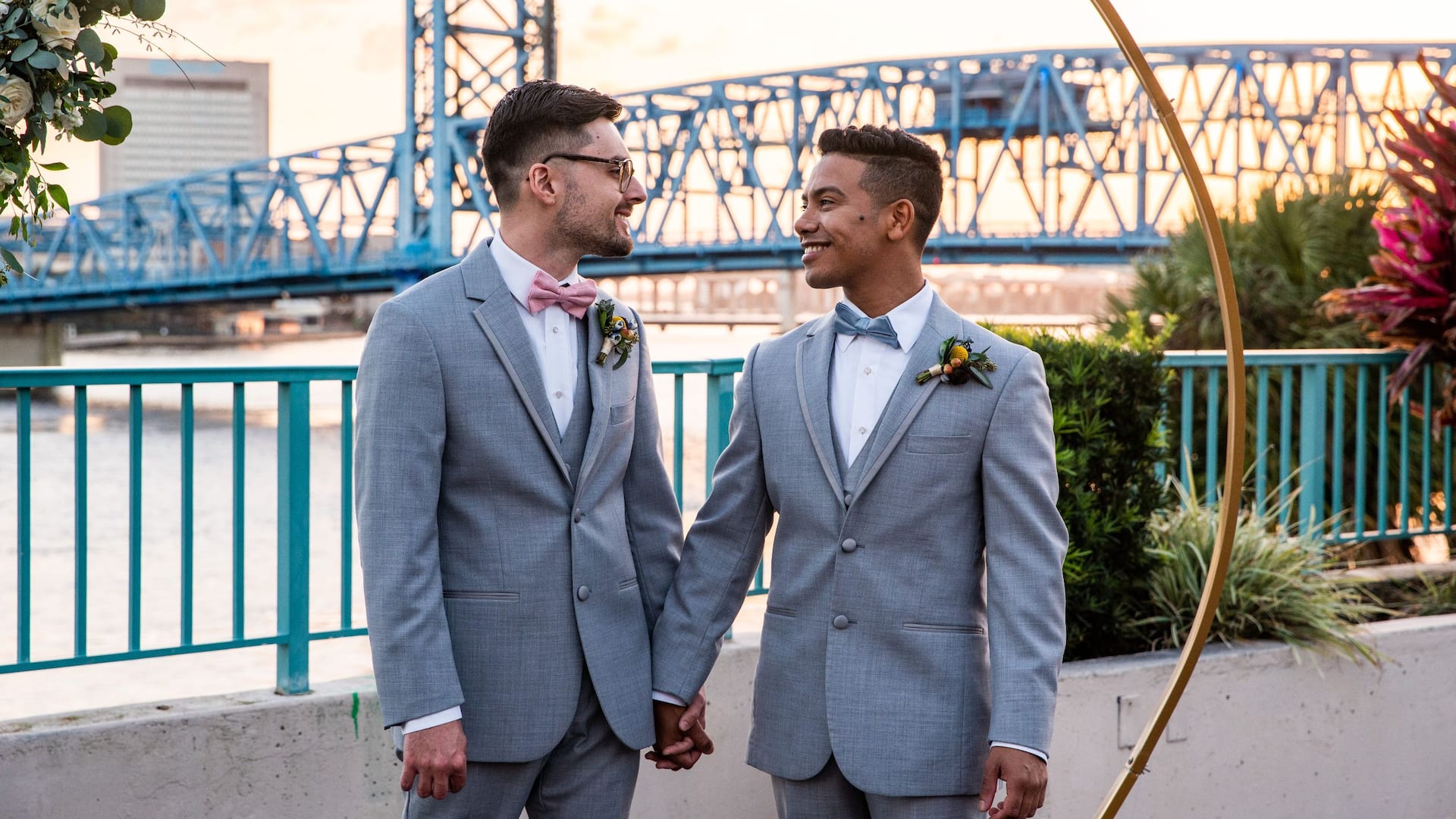Hyatt Regency Jacksonville Riverfront River Deck Grooms Holding Hands Altar