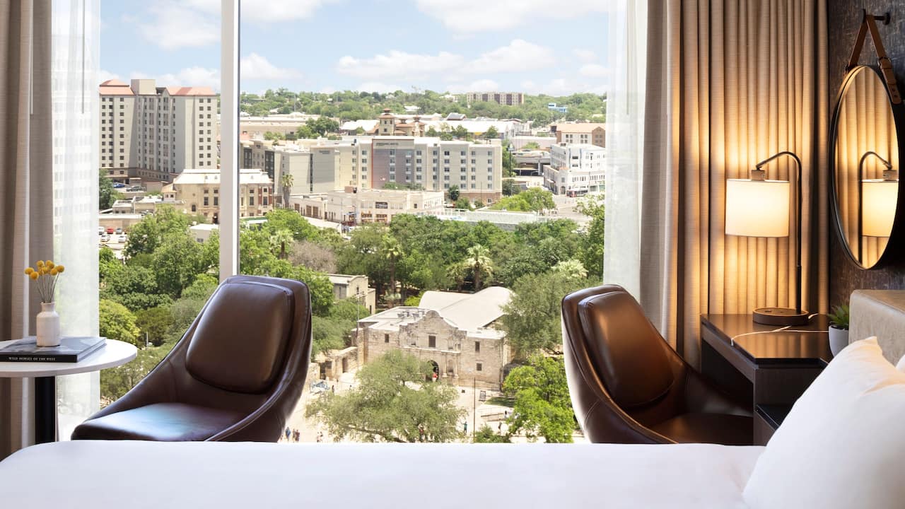 View of the Alamo in San Antonio from hotel room with two double beds