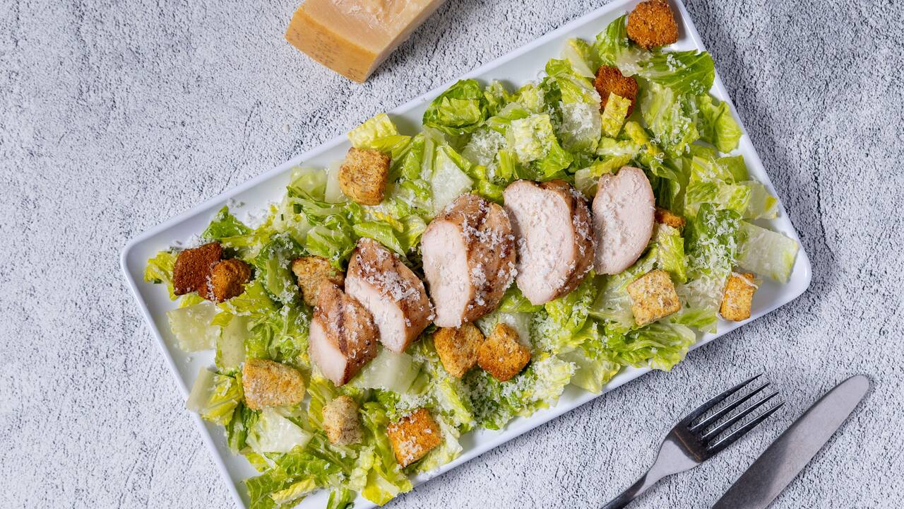 Chicken Caesar Salad Top View.
