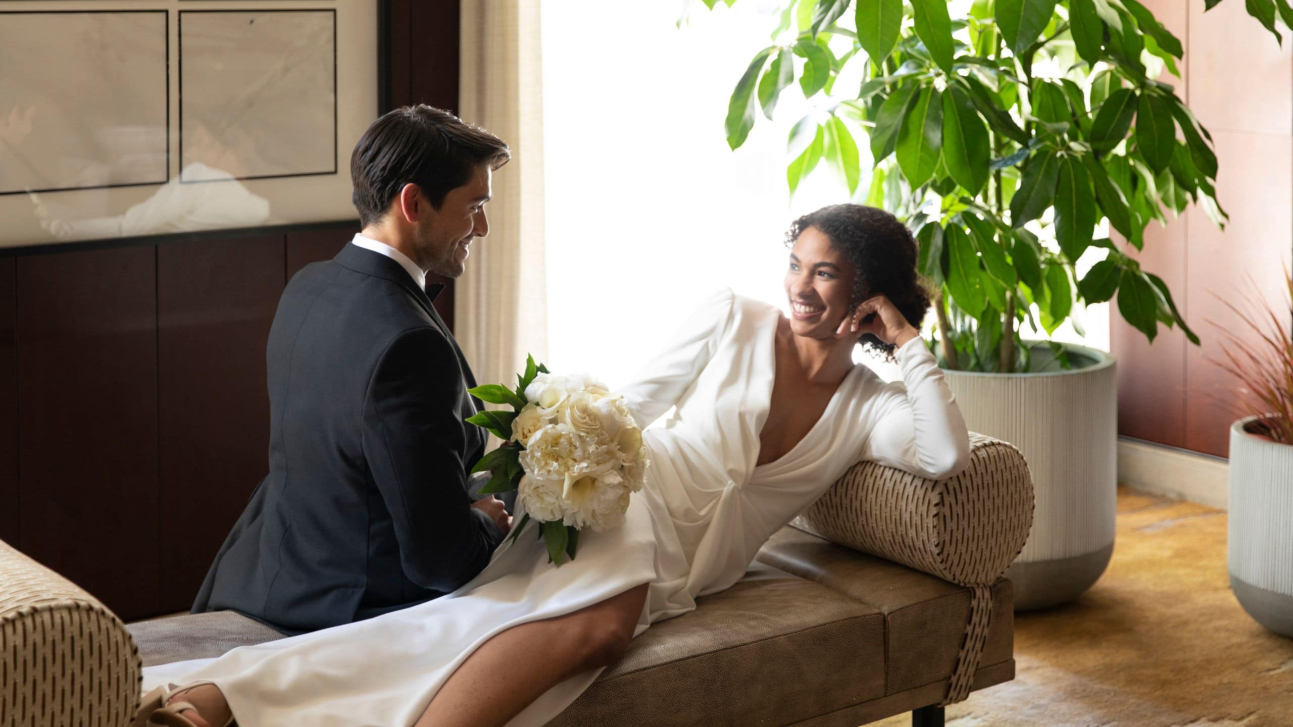 Park Hyatt Chicago Library Wedding Couple Sitting