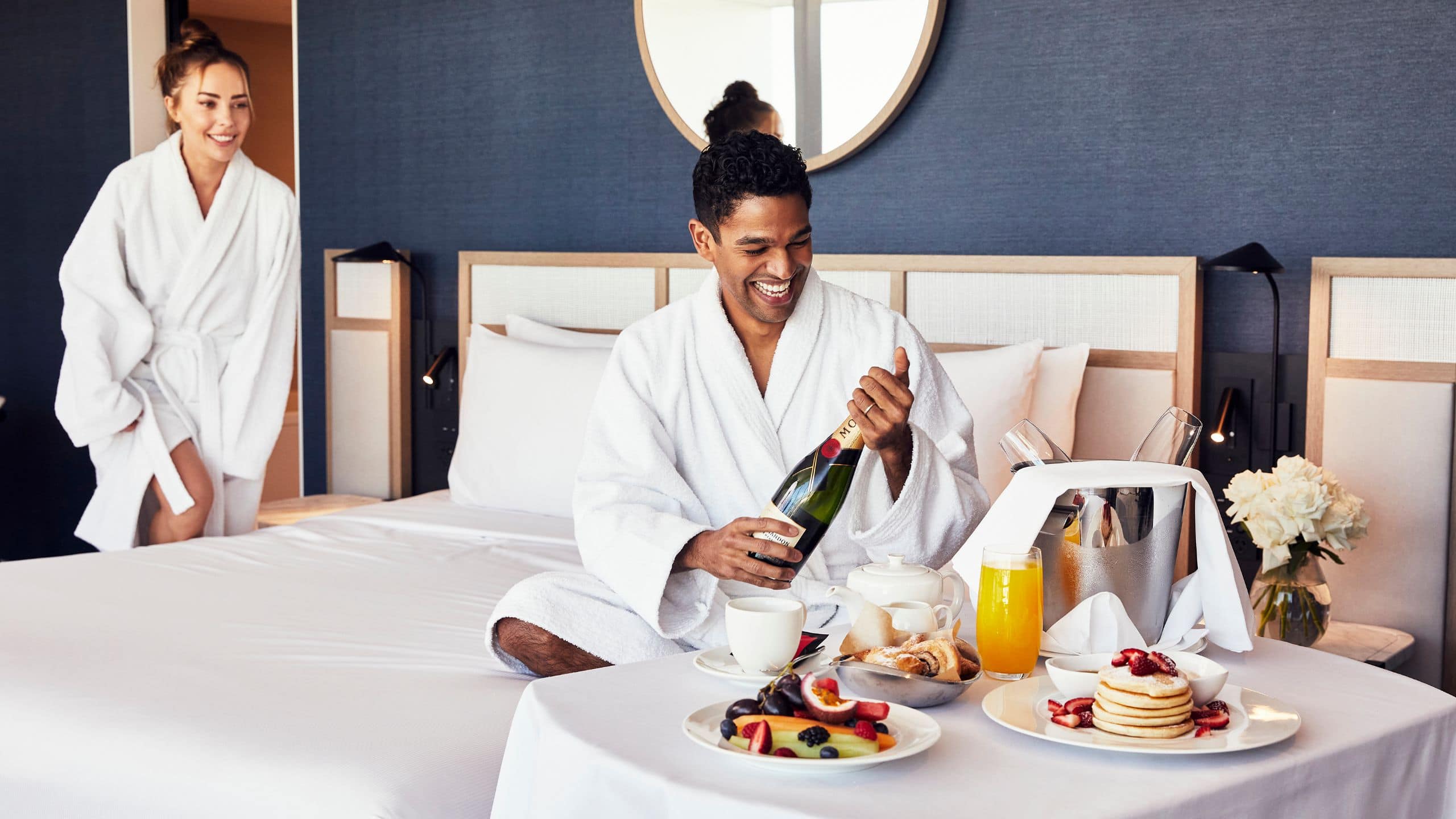 Global Couple Bed Breakfast Pancakes Champagne