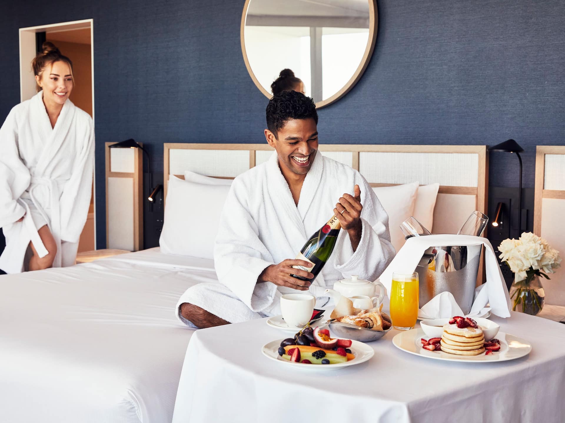 Global Couple Bed Breakfast Pancakes Champagne