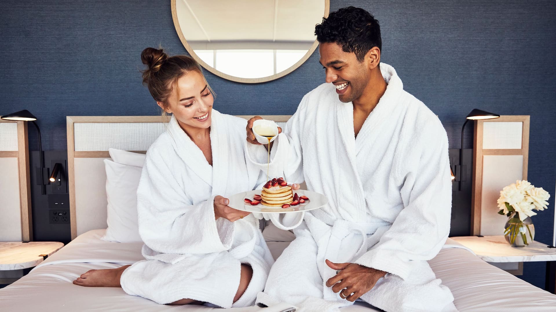 Global Couple Breakfast Bed Pancakes Fruit