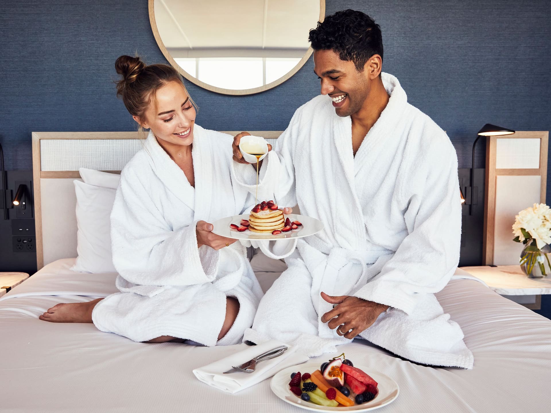 Global Couple Breakfast Bed Pancakes Fruit