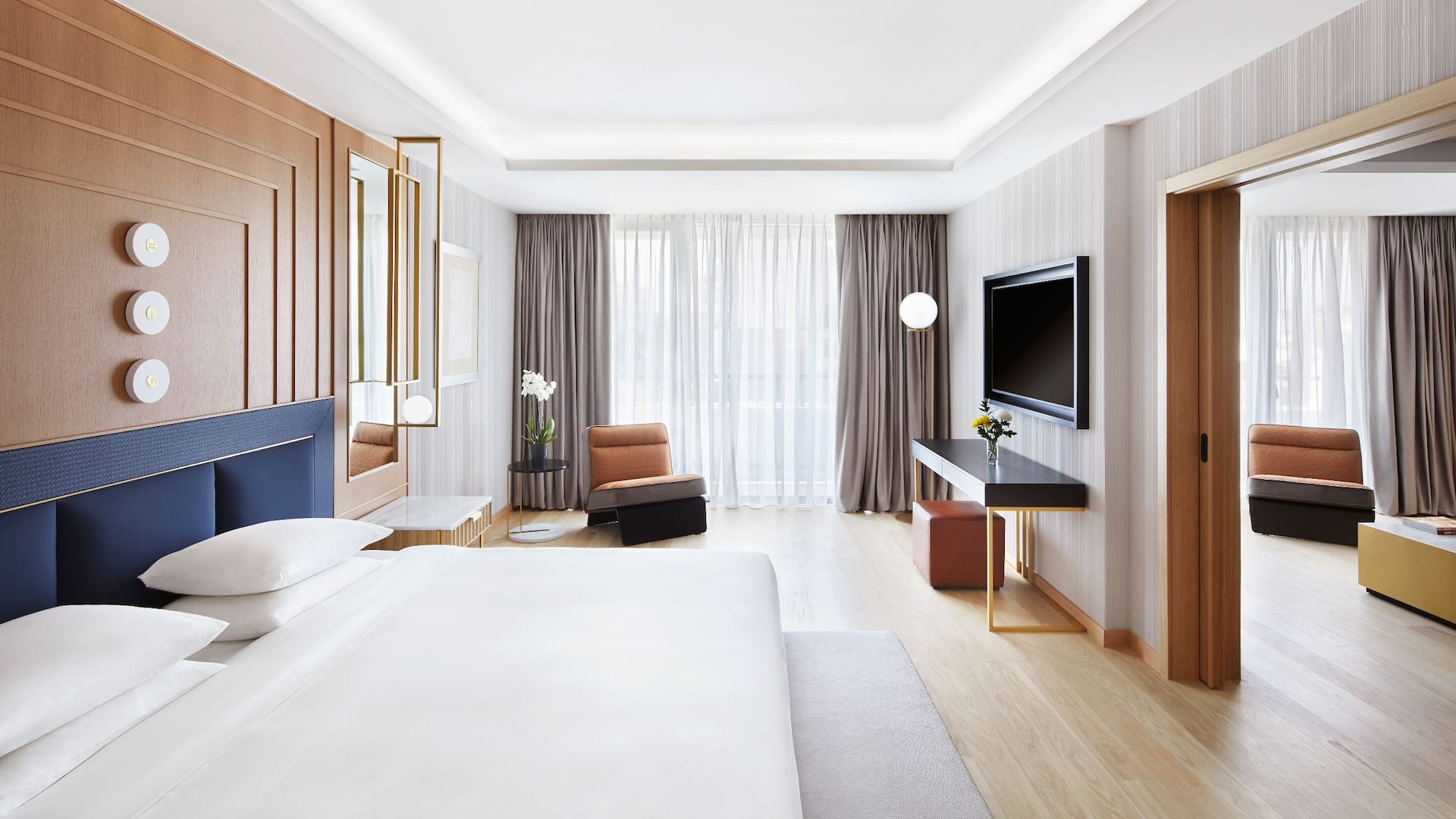 The sophisticated interiors of the Parthenon Suite at Grand Hyatt, an upscale 5 star hotel in Athens Greece near Acropolis.