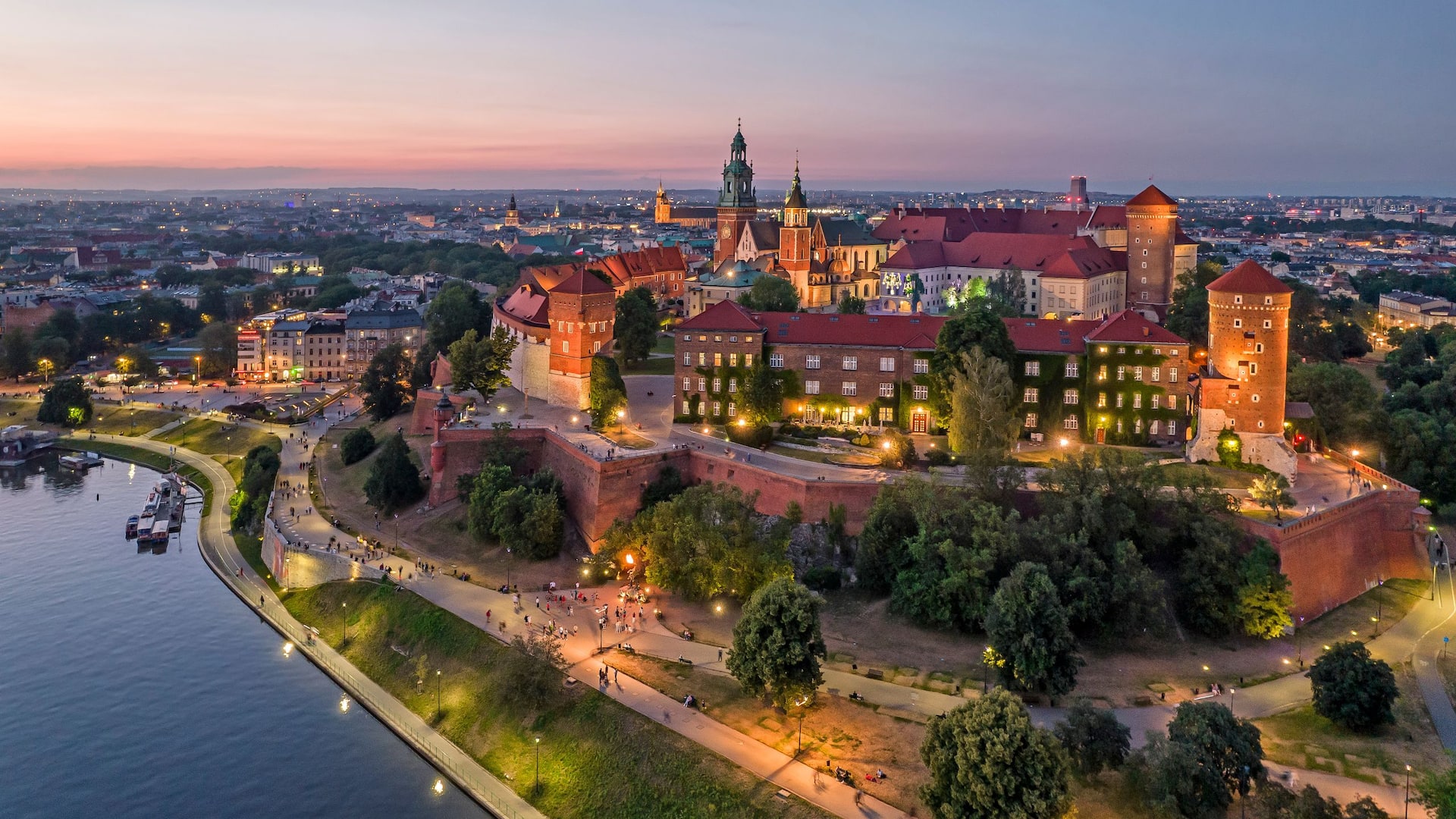 Hyatt Place Krakow Wawel Castle Wisla River Krakow Aerial Dusk
