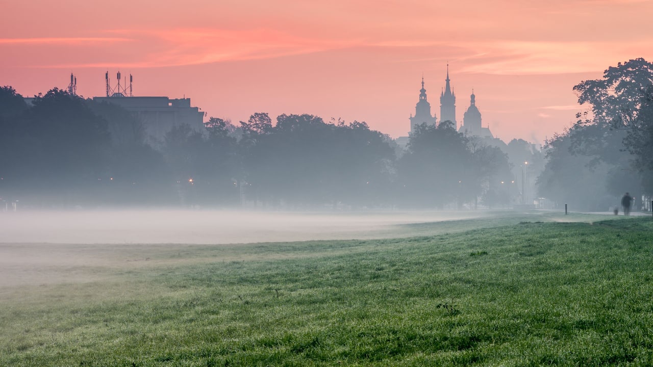 Blonia Meadow Krakow Foggy Morning Old Town View