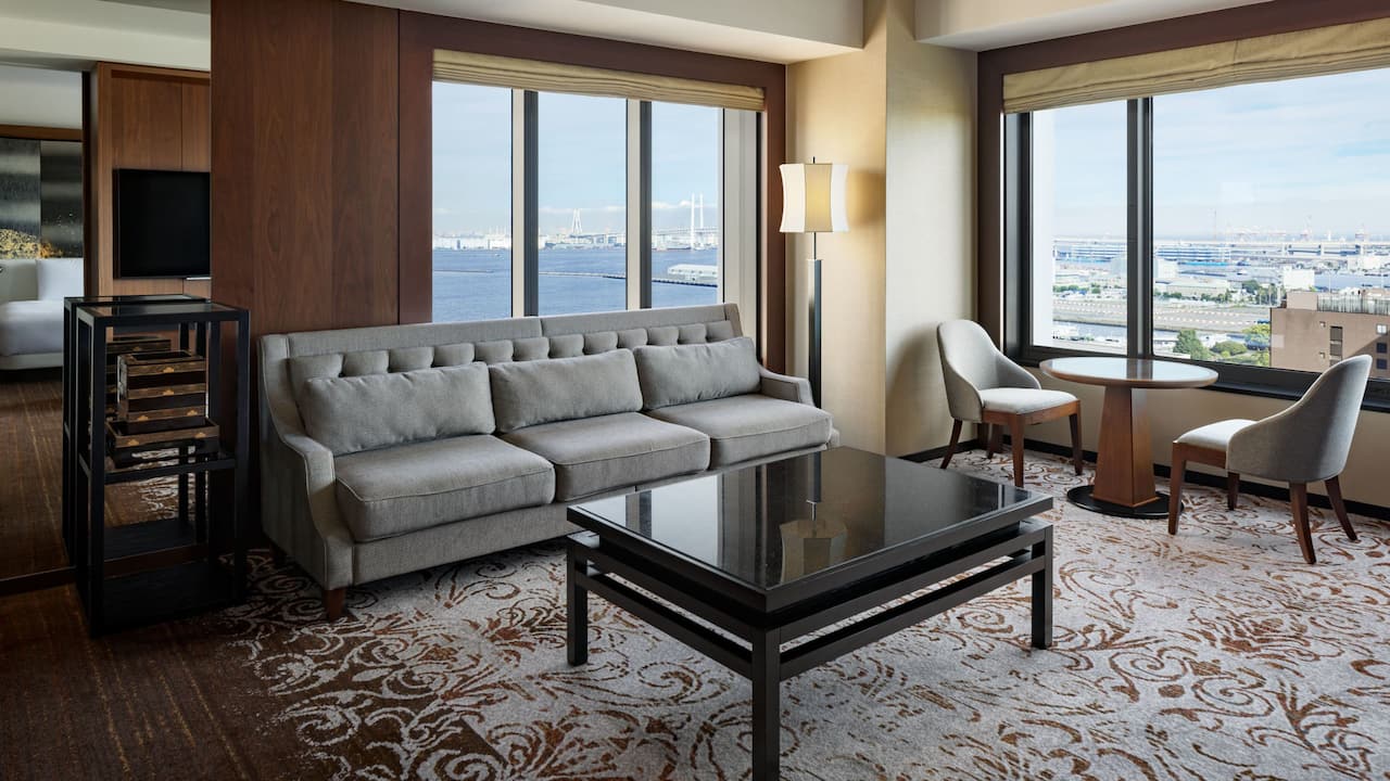 Living room of Bay View Suite overlooking Yokohama Port