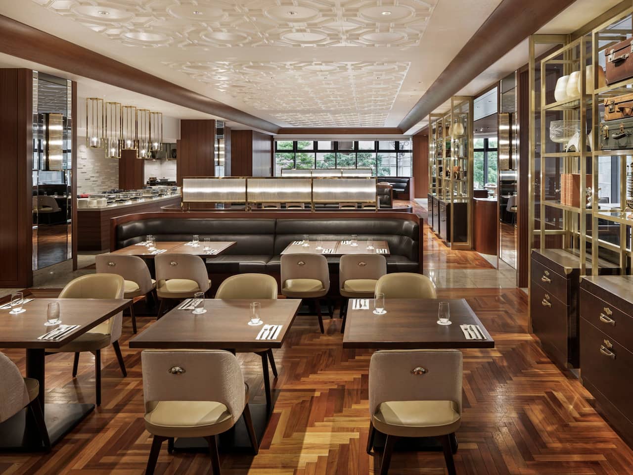 The interior of Harbor Kitchen inspired by a luxury cruise ship.