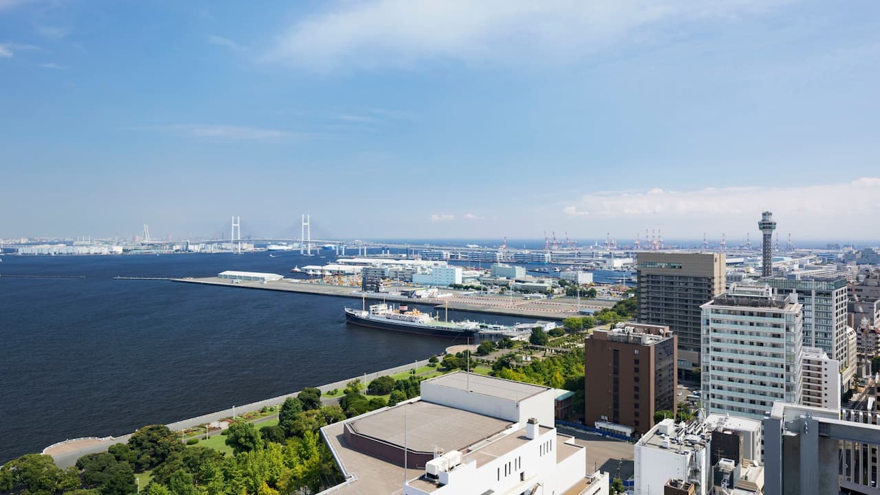 The view with Yokohama Bay Bridge and Yamashita Park from a high floor of the hotel