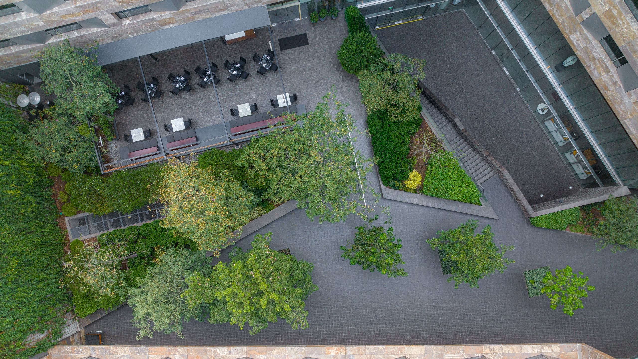 Birdseye view from the top floor of the hotel looking at the courtyard