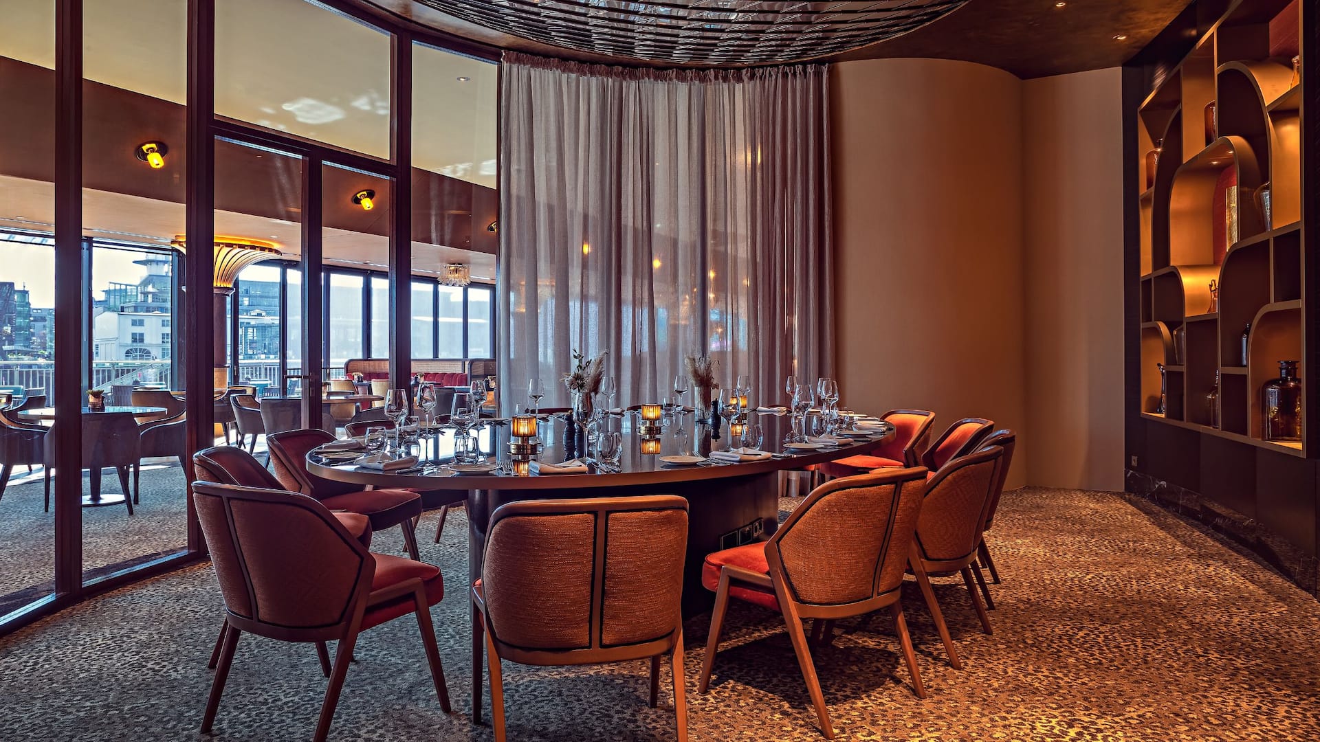 DOX Restaurant, Hyatt Regency Dusseldorf 14 seat private room with glass walls, MediaHarbour view, and gold accents