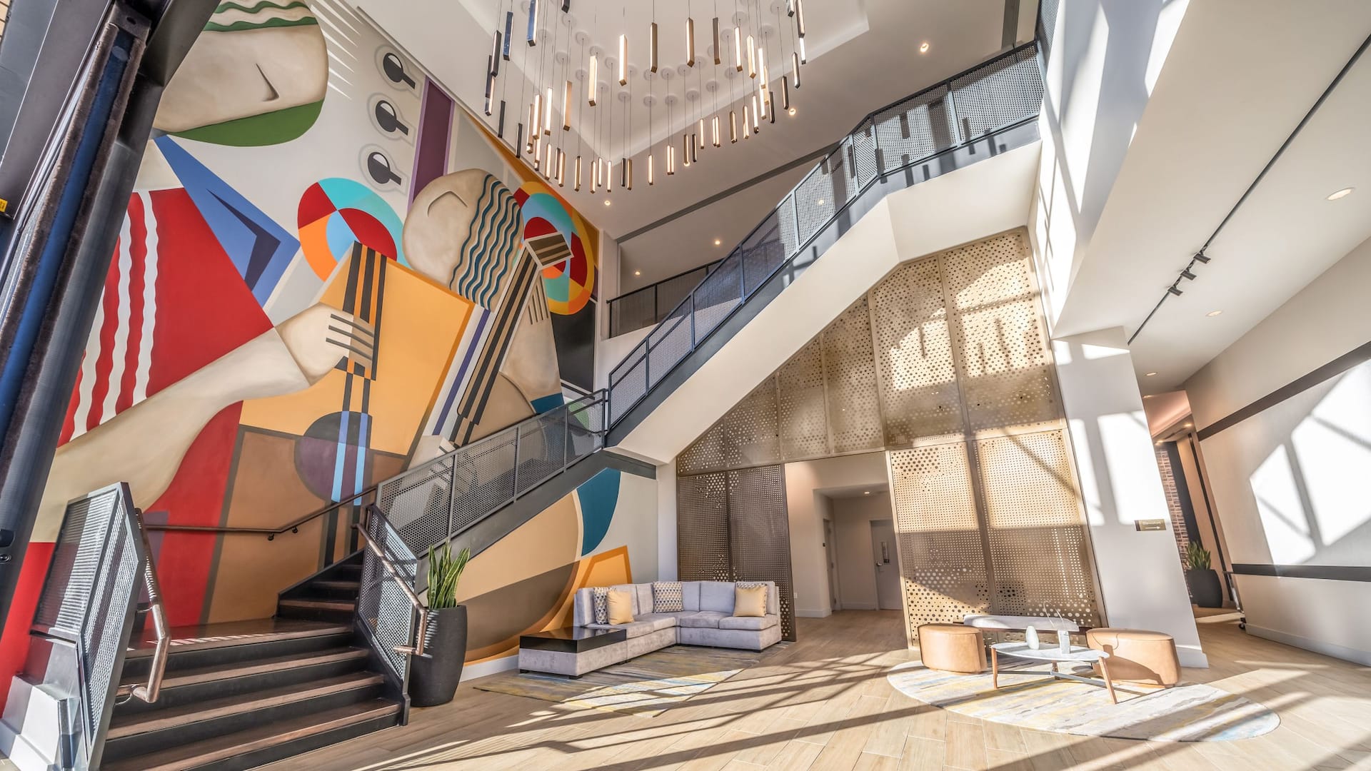 Hyatt Place Gainesville Downtown Lobby Stairway Chandelier